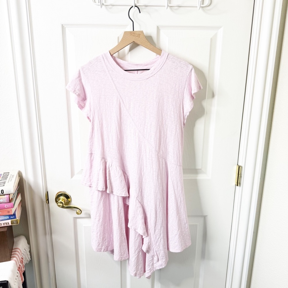 Free People Free-est Pink Cotton Asymmetrical Tiered Mini Swing Shirt Dress XS